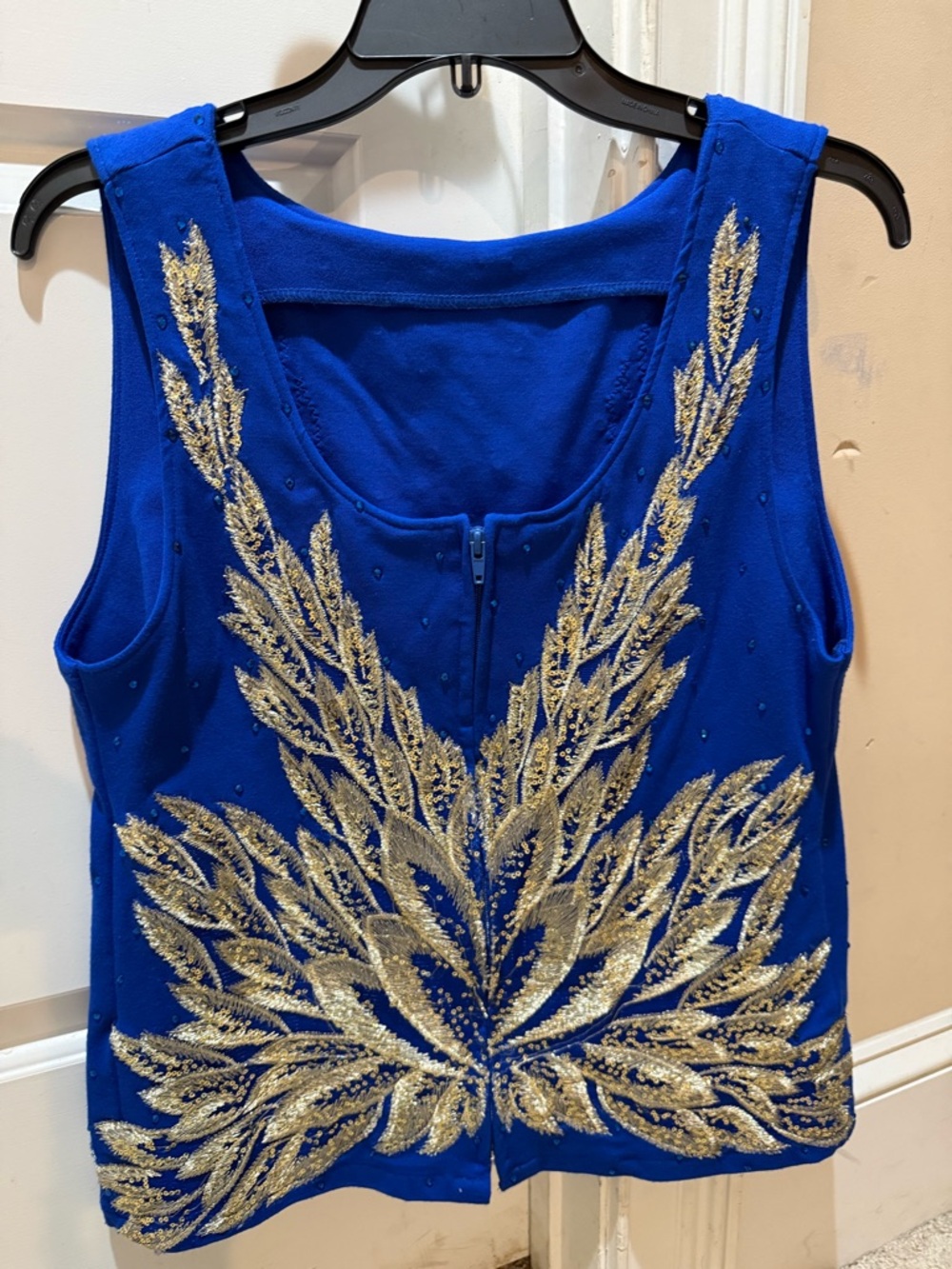 Blue Sleeveless Embellished Tank Top with Gold Sequin Detail ladies L